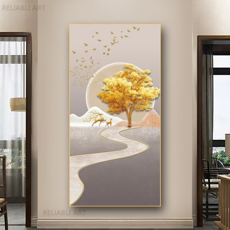 New Chinese Fengshui Golden Deer Canvas Painting Abstract Zen Stone Posters and Prints Modern Luxury Wall Art for Porch Decor