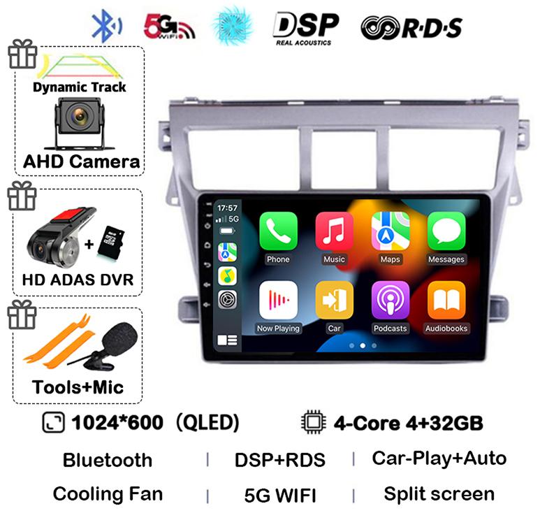 Android 14 Carplay Auto Car Radio For Toyota Vios Yaris 2007 2008 2009 2010 2011 2012 Multimedia Video Player 4G WIFI GPS Stereo