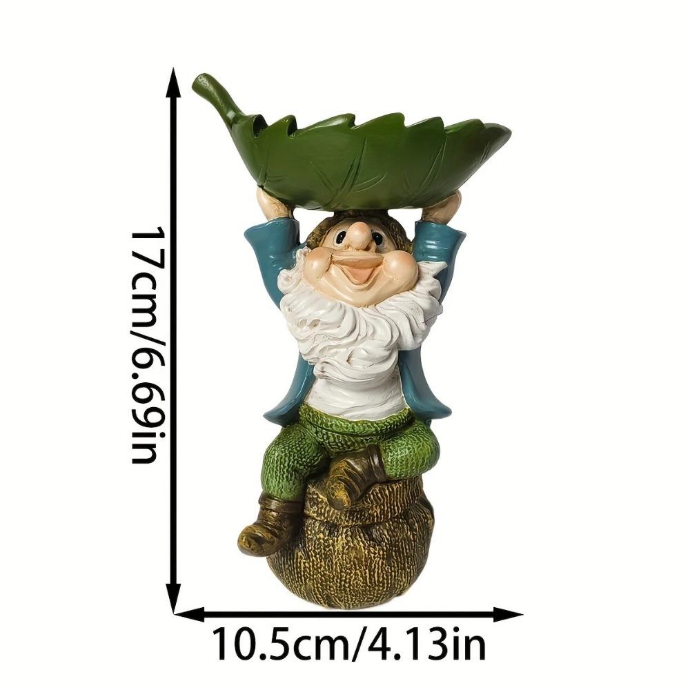 Cartoon Dwarf Sculpture Holding Leaves Garden Gnome Statue Unique Bird Feeder  Garden Decor