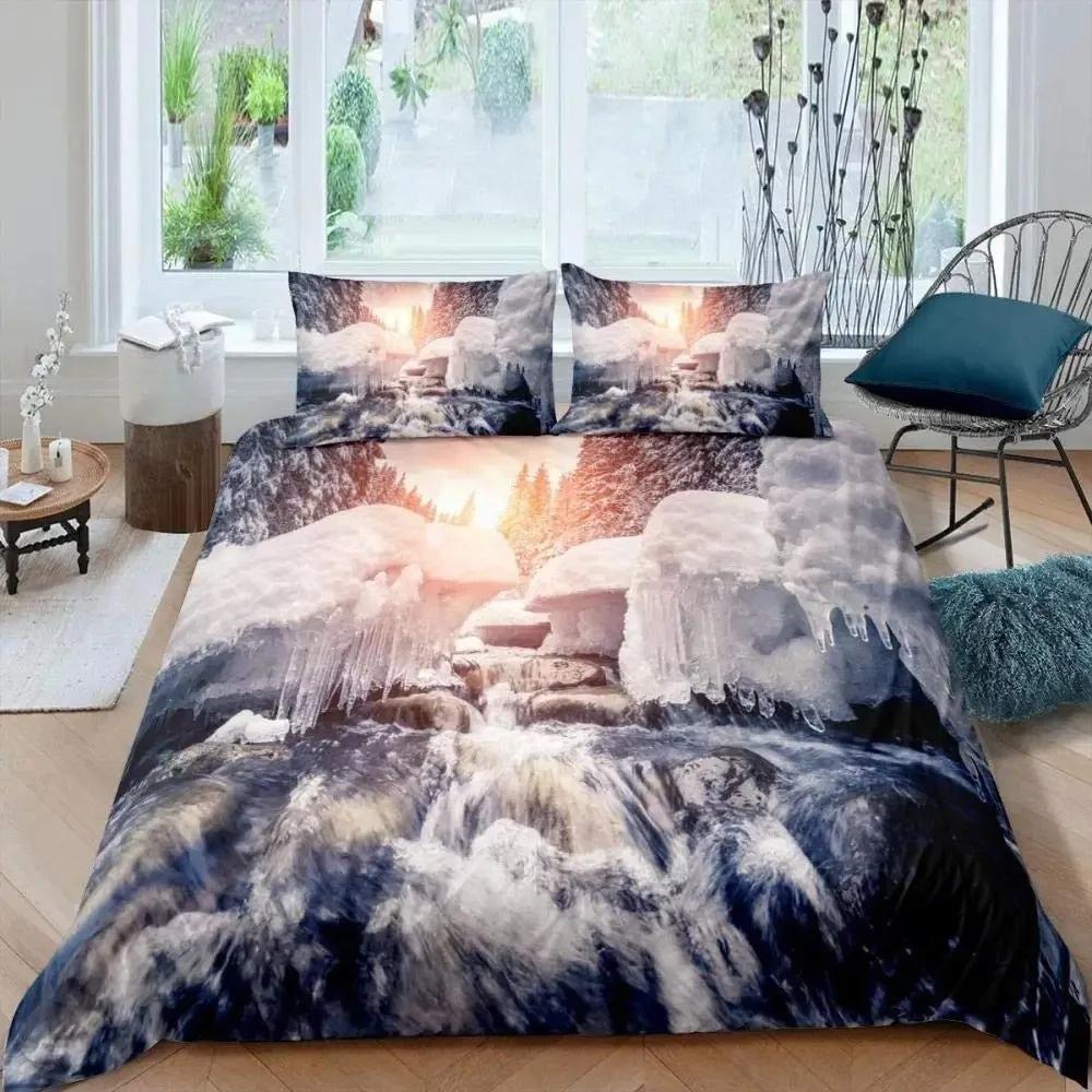 Smoky Mountain Duvet Cover Collection Misty Forest Bedding Collection Full Queen Size Grey Trees Natural Scenery Art Comforter Cover