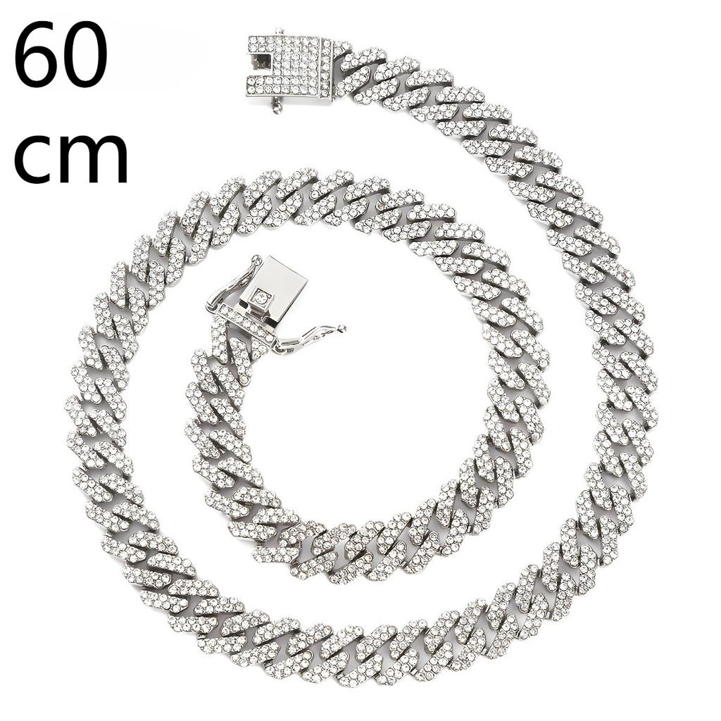 Cuban Chain, 12mm, Diamond Shaped, Men's and Women's Necklace, Rhinestone, Button, Sweater Chain, Light Luxury and High-end Feel, Hip-hop Style