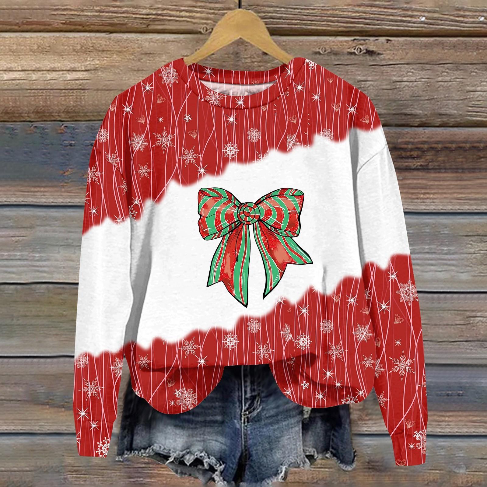 

Женская мода рождественский принт длинный рукав свободный круглый вырез толстовка топ осень XXXXL красный