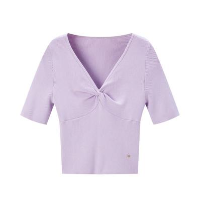 Elegancki damski top dzianinowy z krótkim rękawem i detalem węzła PEACEBIRD