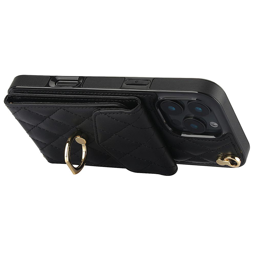 For iPhone 16 Pro Case Card Bag Leather+TPU Crossbody Phone Cover with Ring Kickstand