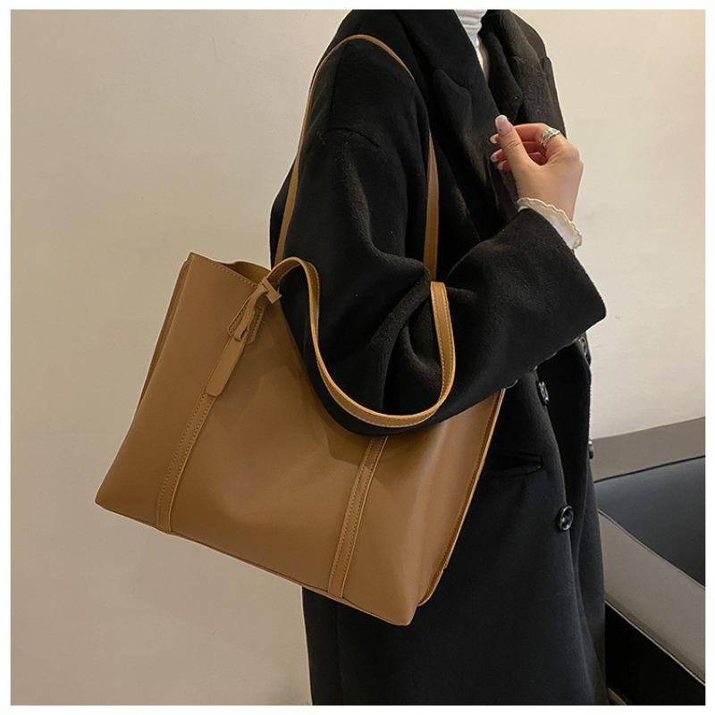 Simple Solid Color Large Capacity Tote Bag Casual Soft Leather Shoulder Bag for Women