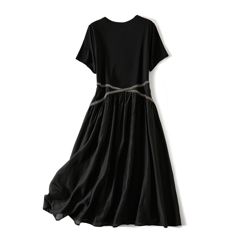 

Летняя юбка Богини Элиты Тяжелой Промышленности! Темпераментное платье А-силуэта из поплина с нитью, длиной до колена, с имитацией двух частей и крестообразной вышивкой бисером Black L