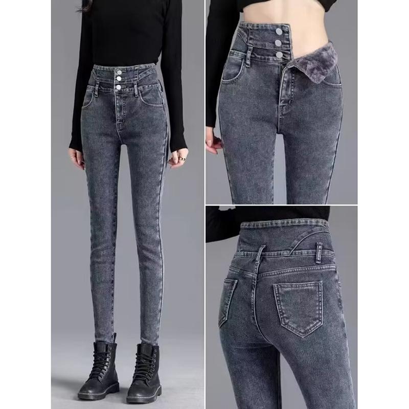 Fashion New Black Velvet Jeans Women Autumn and Winter High Waist Slim Fit Tight Plush Denim Pencil Pants Women Vintage Casual Jeans Trousers 25294