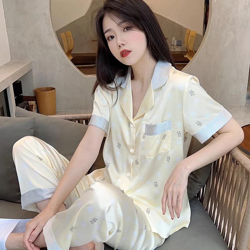 Cute Little Bear Women's Pajamas French Elegant Harajuku Lazy Casual Nightgown Summer Short Sleeve+pant Set