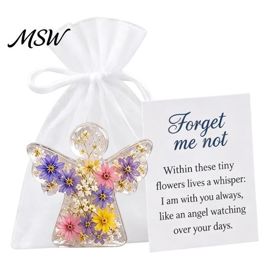 Regalo Angelo Custode tascabile, Ricordo Fiore Secco Non Ti Scordar Di Me, Mini Statuetta Tascabile in Acrilico Abbraccio, Ornamento Floreale Fatto a Mano, Conforto Memoriale