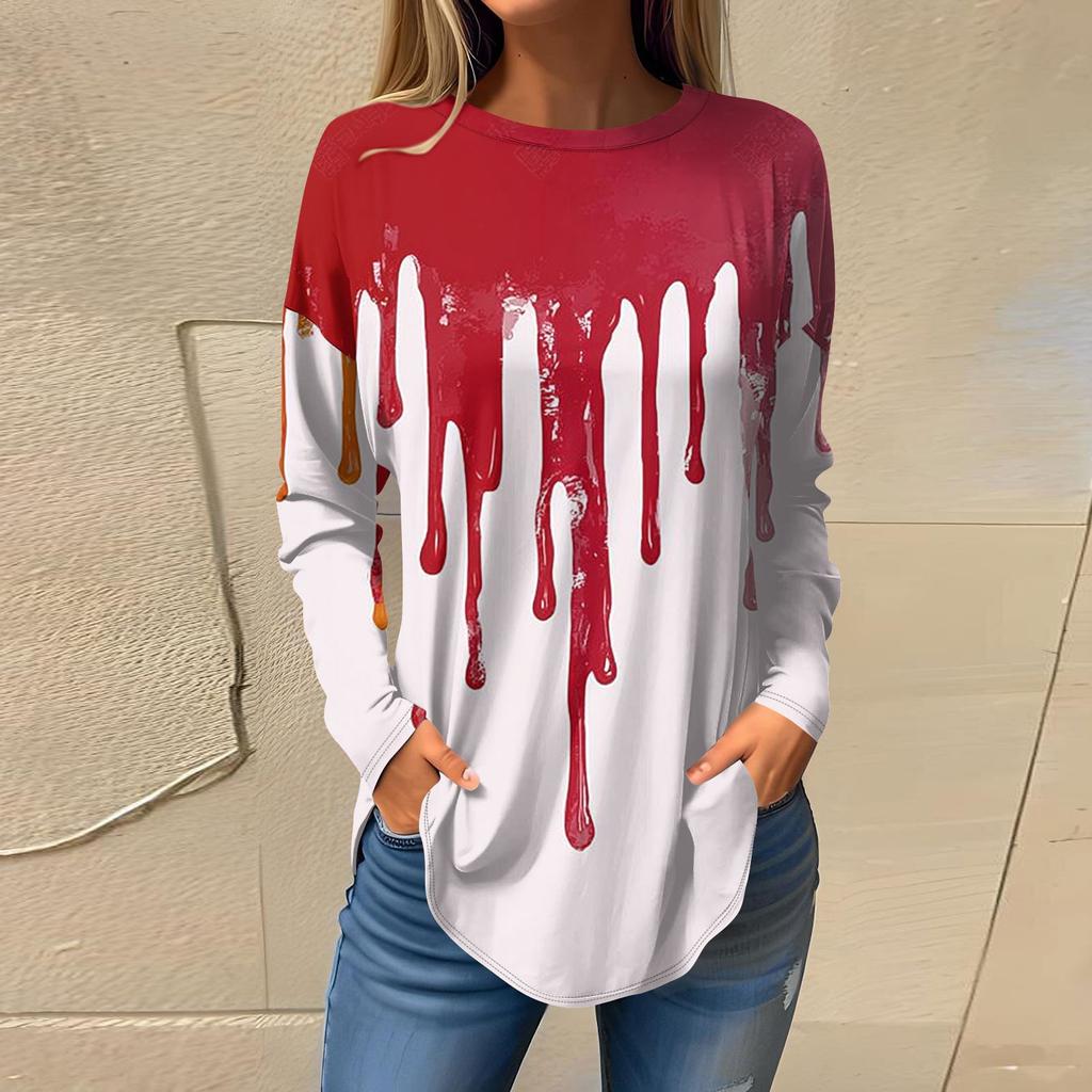 Dámská móda Volné tričko s kulatým výstřihem a halloweenským potiskem s dlouhým rukávem