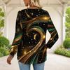 Women Plus Size Front Zip Round Neck Long Sleeve T Shirt Black Gold Galaxy Printed Top