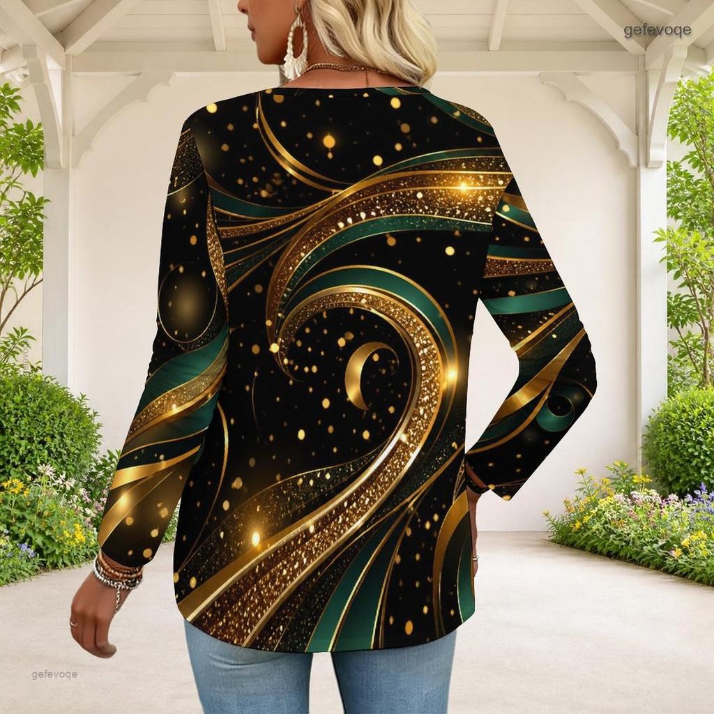 Women Plus Size Front Zip Round Neck Long Sleeve T Shirt Black Gold Galaxy Printed Top