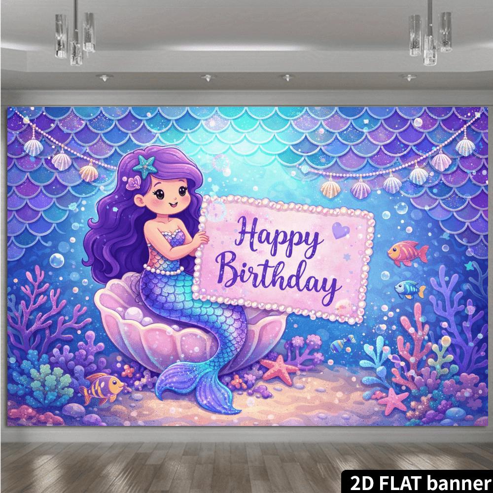 2D Ocean Fairy Tale Birthday Party Banner Background Mermaid Sitting On a Shell Holding a Signboard As the Theme