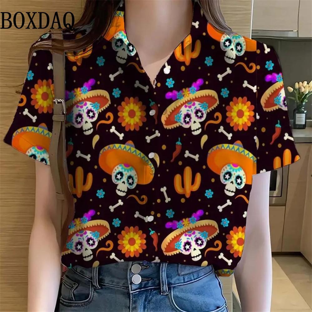 Cartoon Sugar Skull Mexican Day of the Dead Womens Shirts 3D Printed Tops Short Sleeve Button Shirt Summer y2k Women s Clothes XL