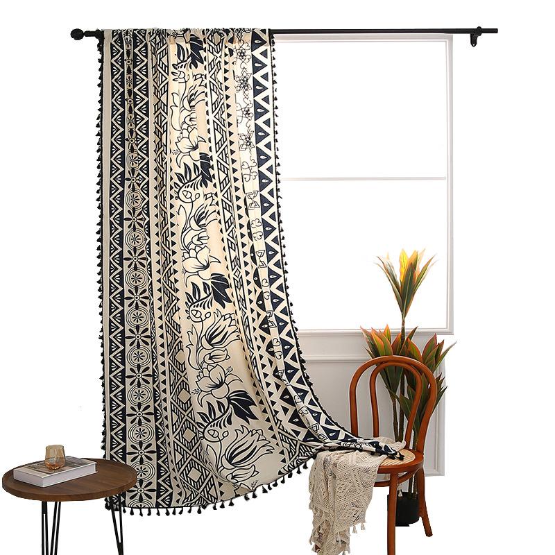 Korean Living Room Balcony Bohemian Cotton And Linen Blackout Black Printing Floor Partition Curtains