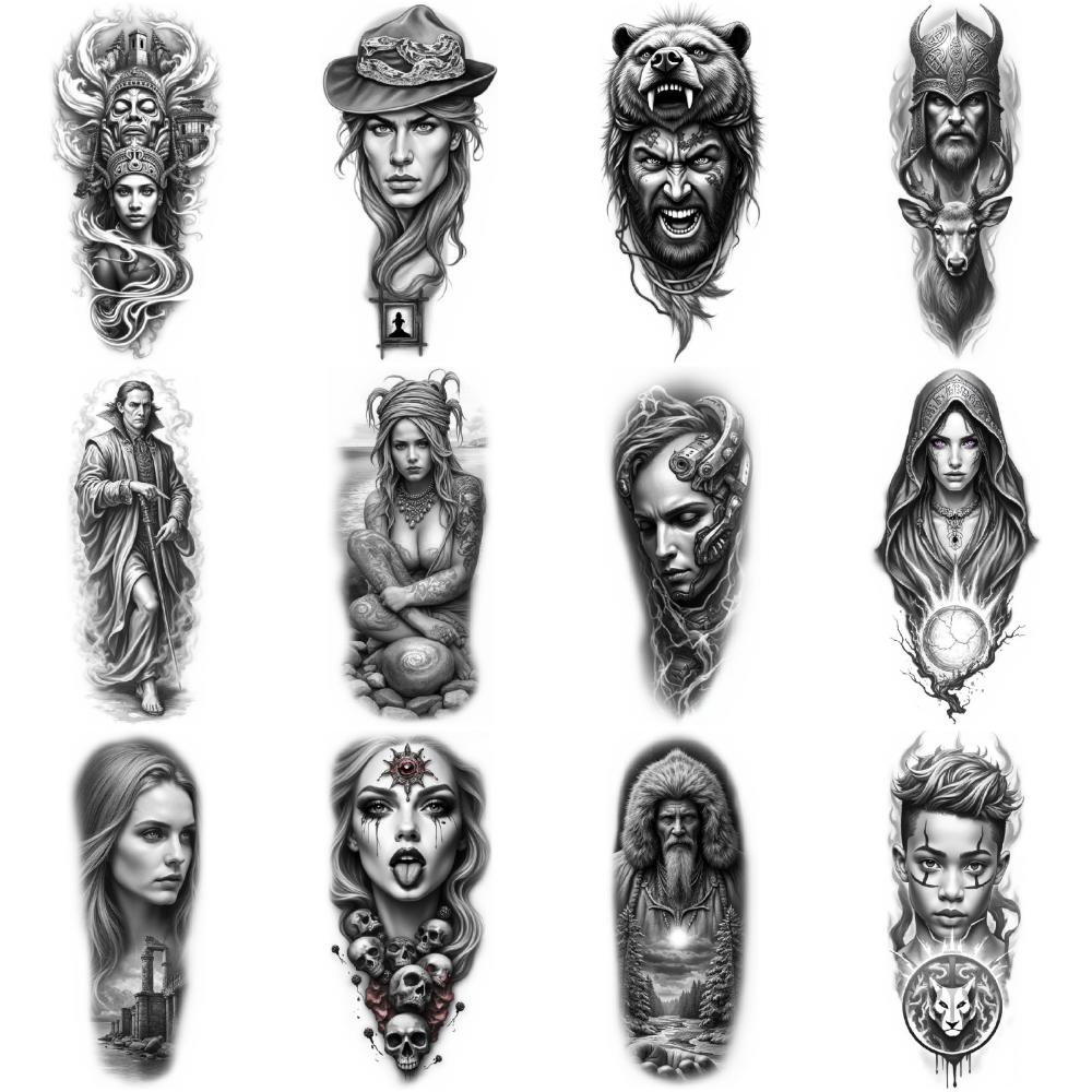 12pcs Temporary Tattoo Black And Grey Realism Roman Soldier Woman With Skulls Viking Warrior For Men Thighs Arms