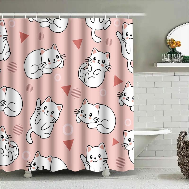 Adorable Cat Print Shower Curtain Pink White Polyester Material Waterproof Design For Bathroom Decorations.