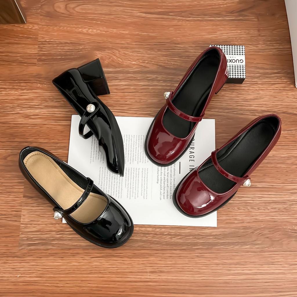 2025 New French Mary Jane Shoes Women's Pearl One-word Buckle Light Mouth Thick Heel Single Shoes Red High Heels Women