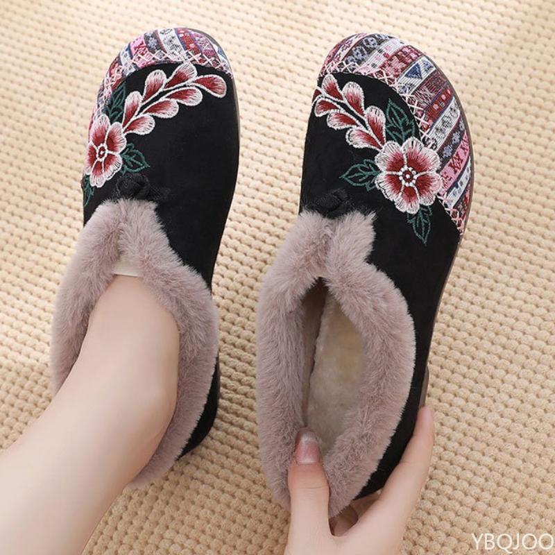 Winter Simple Comfortable Daily Casual Cotton Shoes Embroidered Bag Heel Warm Ethnic Style  Soft Soled Women's Cotton Shoes