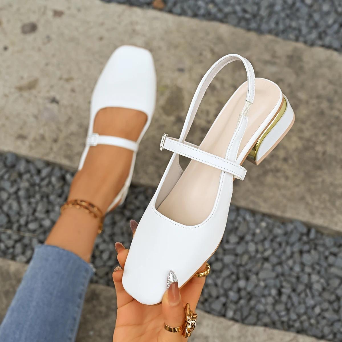 

Модные женские сандалии на толстом каблуке без каблука для повседневной носки Новые летние рабочие сандалии с квадратным носком и пряжкой Туфли на высоком каблуке для женщин 39 белый