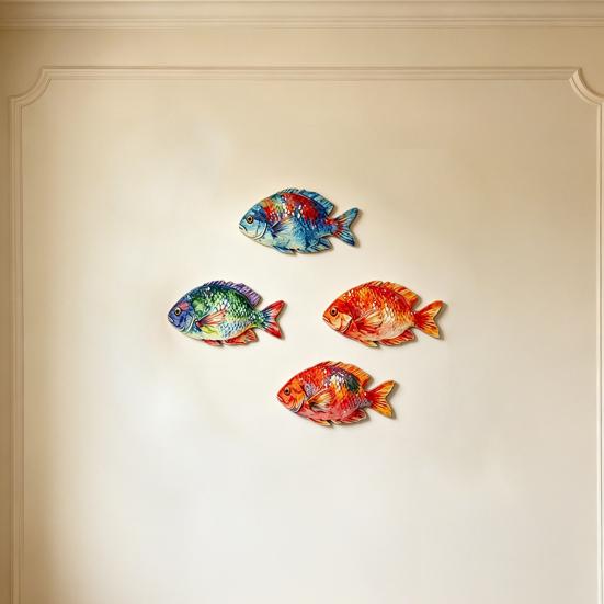 4 Pièces Décoration Murale Poisson en Bois, Art Aquarelle Animal Marin avec 4 Styles Vibrants, Ornement Maison Effet Peint à la Main pour Murs