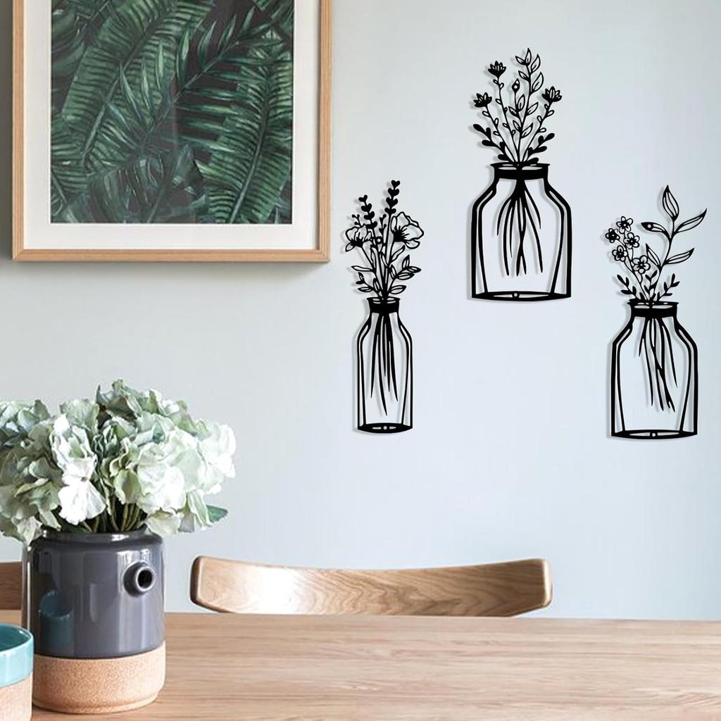 3 Pieces Black Metal Flower Vase Wall Art Decor Wire Wall Art Metal Wall Sculptures Iron Decorative Hanging for Indoor Kitchen Bathroom Dining Room