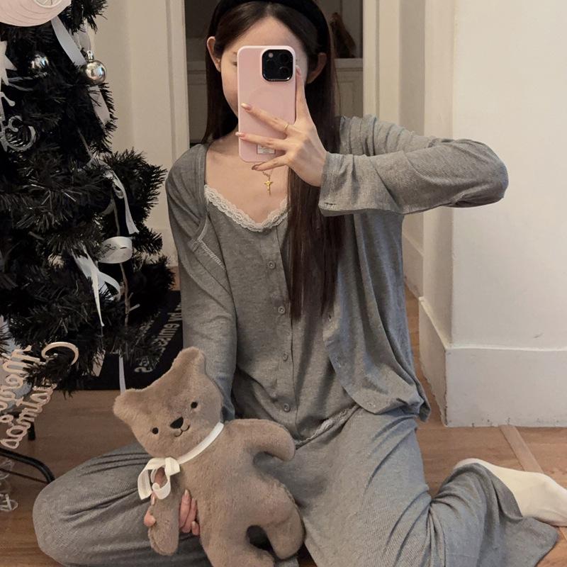 Women's Ins Camisole Three-Piece Set: Long Sleeve Top & Pants | Loose Korean-Style Autumn/Winter Home Wear