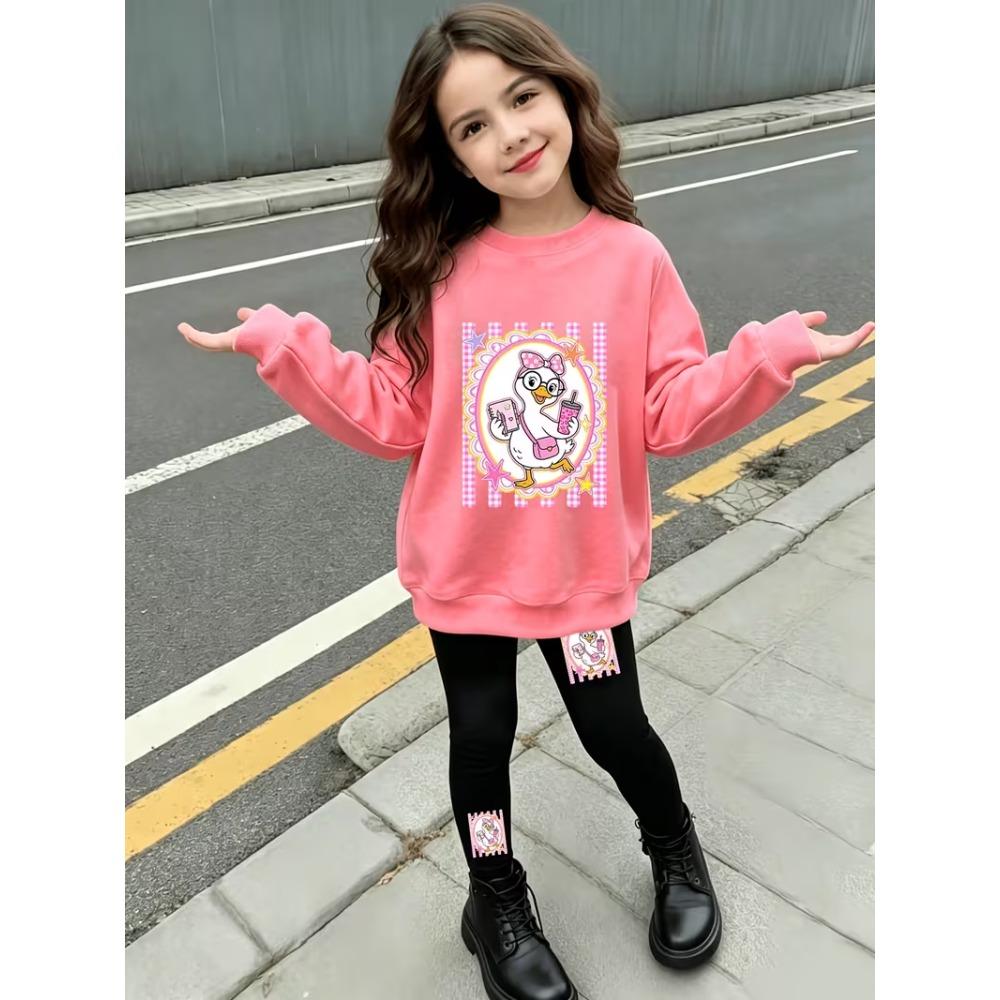 Girls' Cute Cartoon Duck Casual Comfortable Soft Loose Pullover Sweatshirt and Leggings 2-Piece Set, New Autumn/Winter, Playful, Sweet and Cool Style