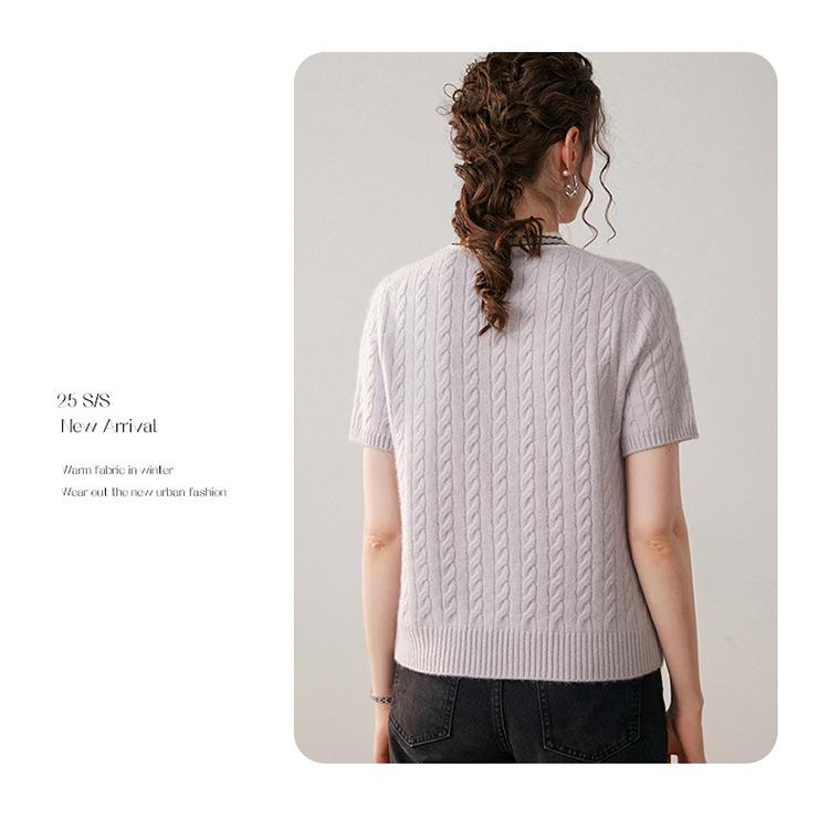 Women's Color Block Cashmere Short-Sleeve Round Neck Knit Pullover