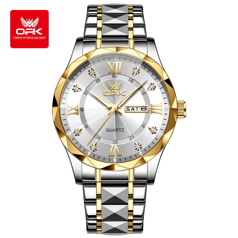 OPK Brand Original Men's Watches Waterproof Week Calendar Quartz Watch for Men Fashion Luminous Diamond Scale Watch