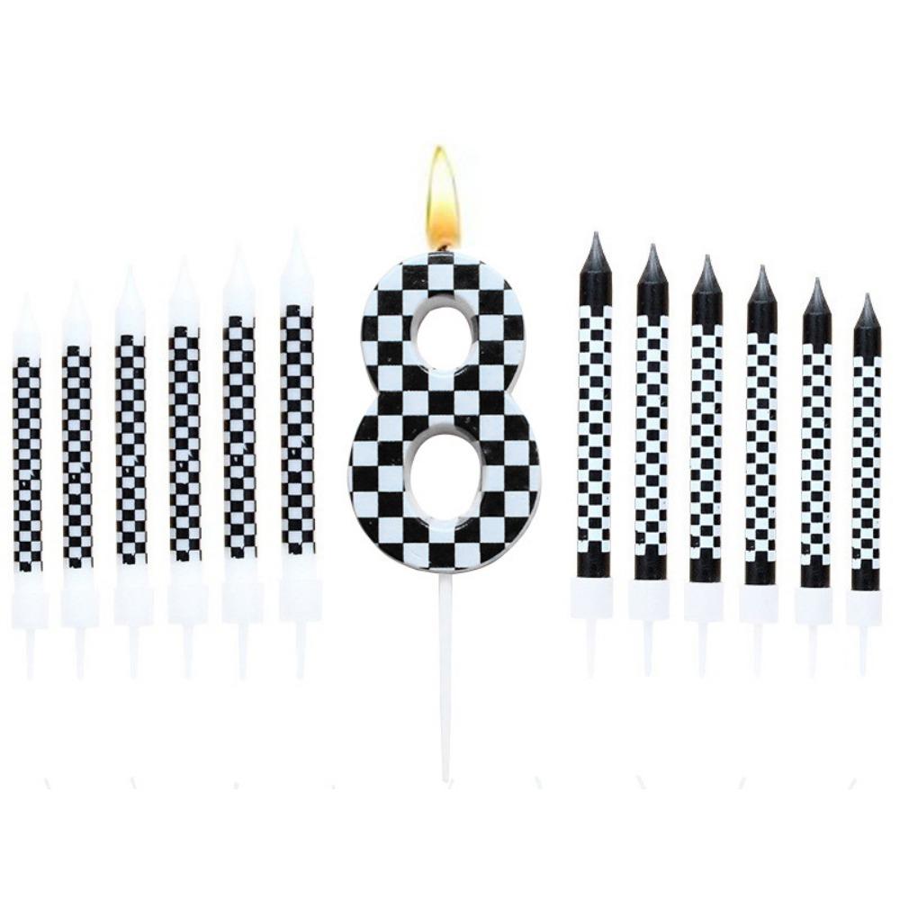 1/6/12/13 Pcs Racing Cars Themed Birthday Candles Black and White Race Number Checkered Candle Cake Topper for Racing Car Party