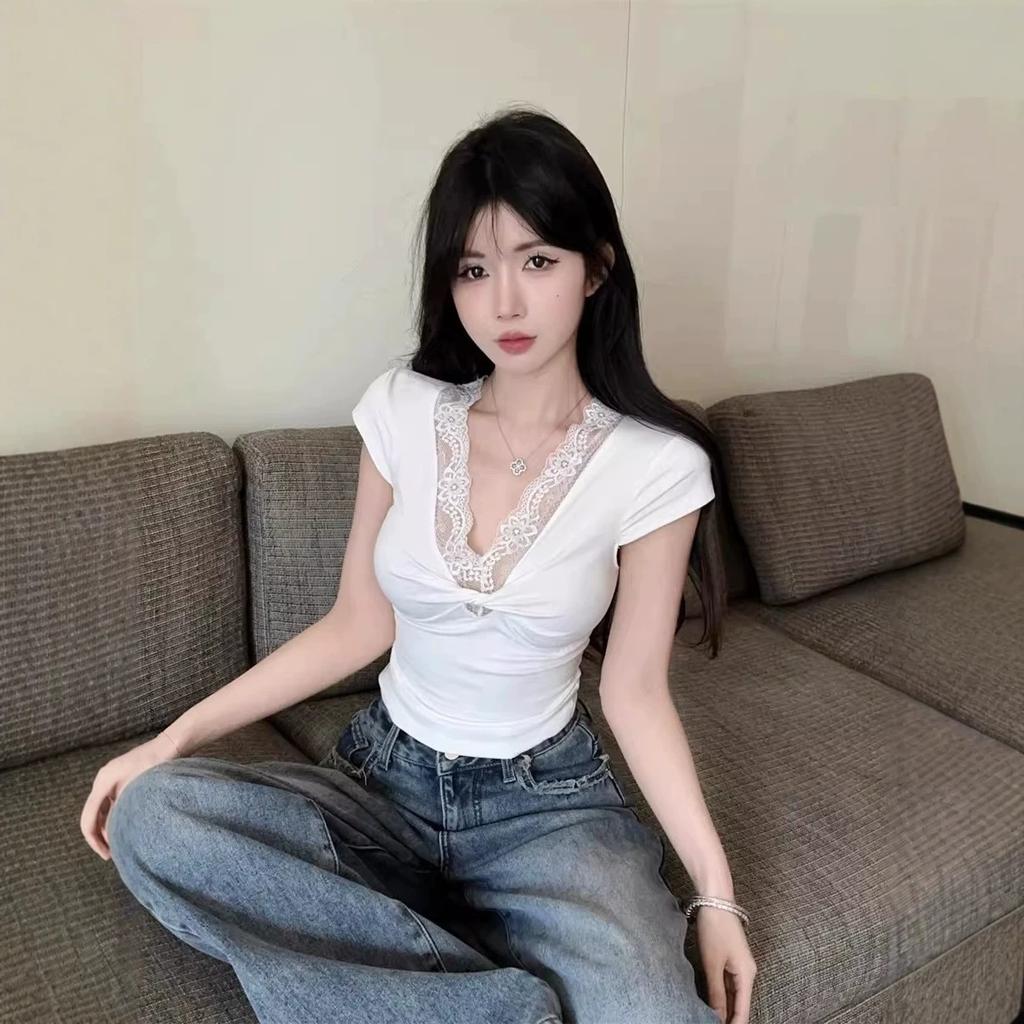 New slim and thin pure lust Spice Girl lace edge splicing v-neck short-sleeved t-shirt women's summer temperament kink top