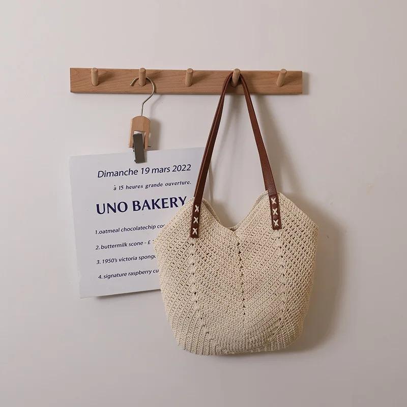 Single Shoulder Cott Thread Woven Bag, Summer Beach Vacati Hand-held Woven Bag, High-quality Grass Woven Tote Bag