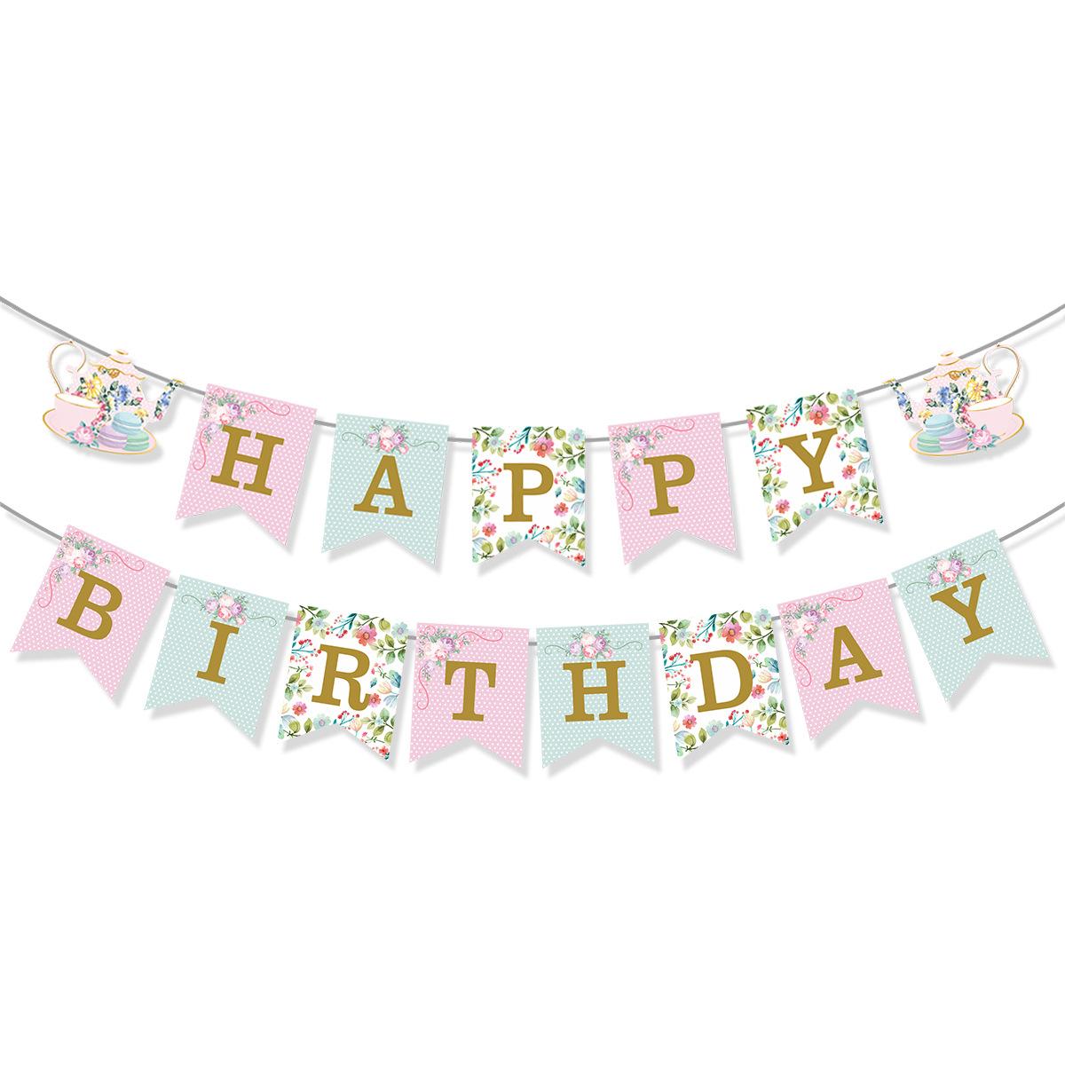 

Tea Party Princess Birthday Party Cake Baking Decoration La Flag Teapot Floral Spiral Pendant Tea Party Birthday Flag