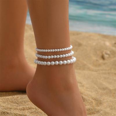 Weiße Perlen Imitierte Perlen Fußkettchen Für Damen 3 Stück/Set Vielseitige Fußkette Knöchelarmband Boho Strand Schmuck Sommer Accessoires