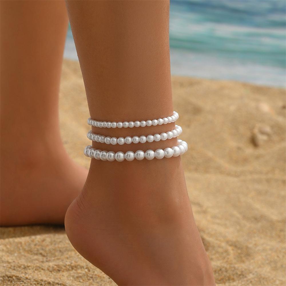 White Beads Simulated Pearl Anklets For Women 3pcs/Set Versatile Foot Chain Ankle Bracelet Boho Beach Jewelry Summer Accessories