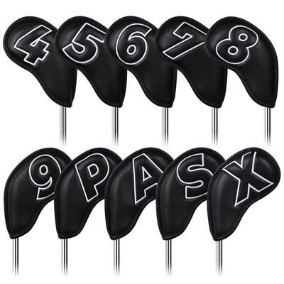 Golf Eisenhülle Magnet Wedge Cover Schlägerkopfhülle 10er Set Schwarz Kunstleder Weiße Zahlen (4-9,P,A,S,X) beidseitig