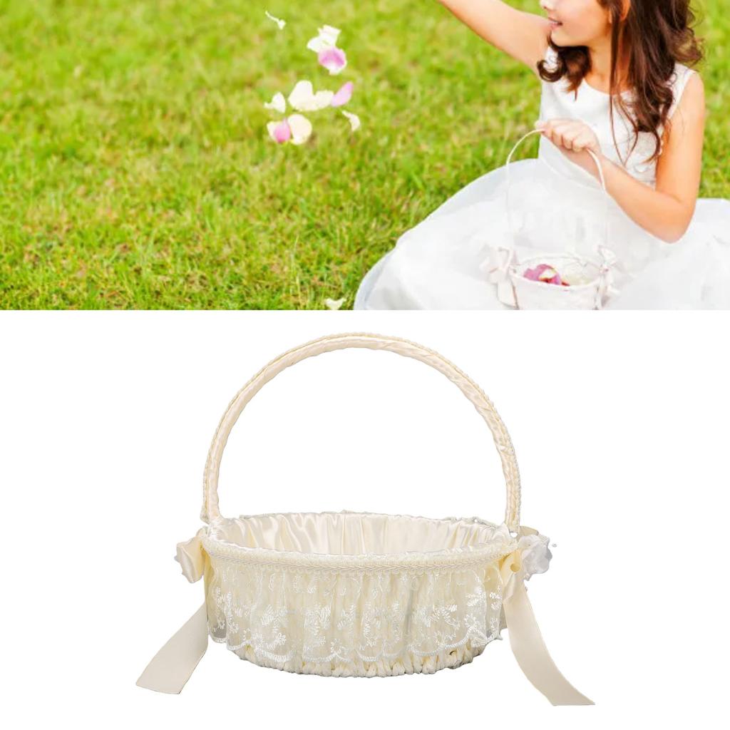 Wedding Flower Basket Elegant Lace Trim Flower Basket with Bow Decoration for Celebration Prop