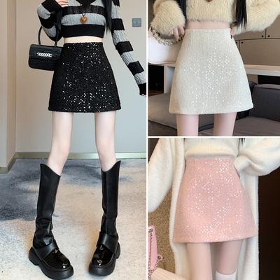 Xiaoxiangfeng Sequin Woolen Half Skirt for Women In Autumn and Winter, High Waisted and Slimming A-line Skirt, Buttocks Wrapped Skirt, Short Skirt