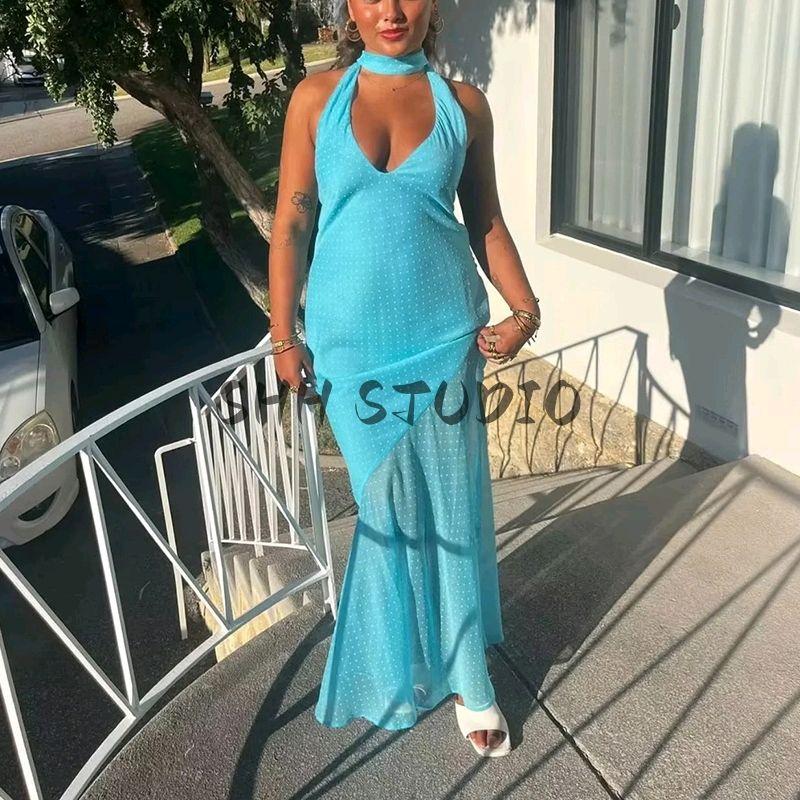 Summer New Product Women's Clothes French Sexy Wind V-neck Halter Lace up Slim Fit Backless High Waist Long Braces Dress