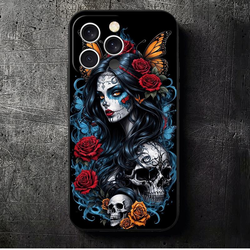 Catrina Beautiful Rose Girl Skull Soft Phone Case for iPhone 16 16E 17 Air 15 Pro Max 14 Plus 13 Mini 11 12 7 Black Cover Back S