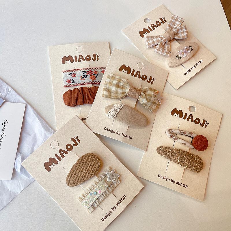 2pcs Coffee Plaid Embroidered Bow Hairpin Version of Children's Bangs Broken Hair BB Baby Headwear Girls Kids Hair Accessories