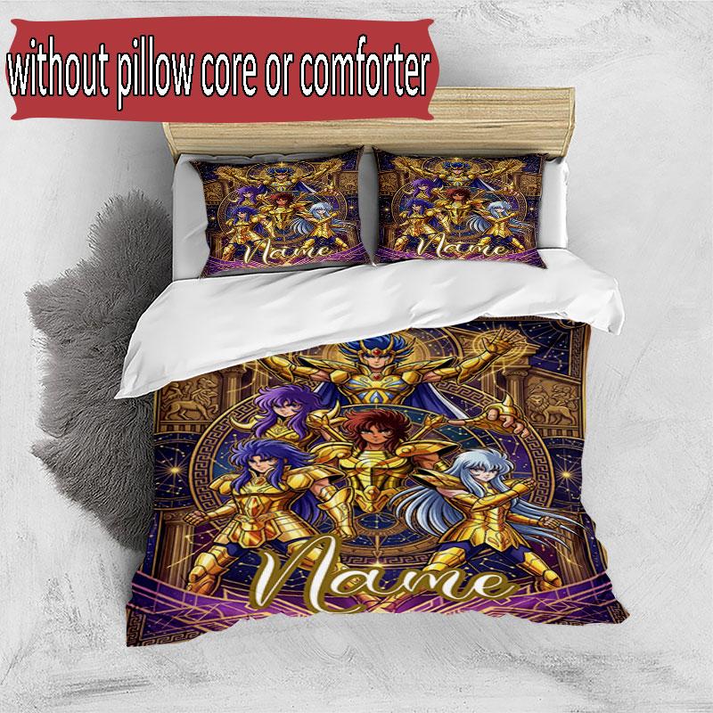 3pcs Duvet Cover Set (1*Duvet Cover + 2*Pillowcase, Without Core), Custom Name Saint Seiya Pattern Bedding Set, Home Bedroom Decor Gift