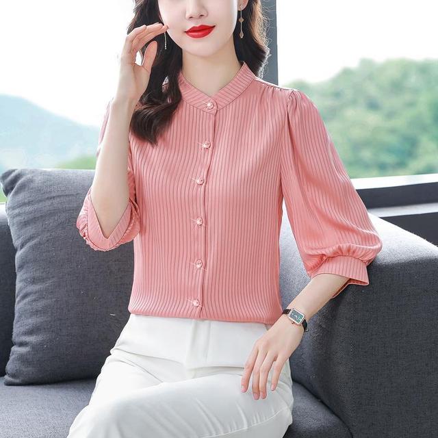 

Новая женская белая рубашка Весна Осень Рукав 3/4 Полосатый топ Летняя Свободная Уменьшающая возраст Рукав-буф Снизу Блузка S-4XL 4XL розовый