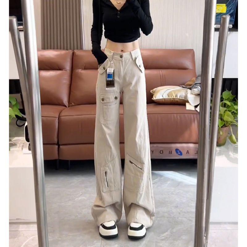 

American-Style Sexy Multi-Pocket Micro-Pull Cargo Jeans Women s Summer 2025 New Arrival High Waist Slim Looking Straight Flare Pants Sand White small 145-155 XS