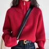 Poloviční vysoký límeček na zip Pletený svetr pro ženy Podzimní Lucerna Rukáv Vintage Volné Pulovry Svetry Zimní Silné Ležérní Jednobarevné Teplé svetry 25404
