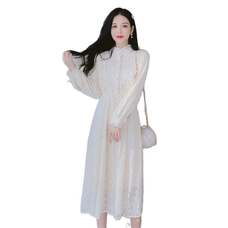 Elegant Lace Midi Dress Women Wear A-Line Floral Print Long Sleeve Layering Under