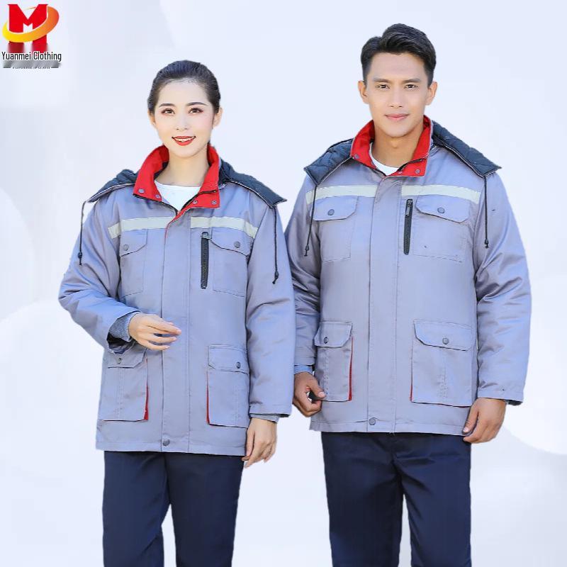 Winter Thermal Work Coat with Reflective Stripes - Insulated, Cold-Proof, Durable for Warehouse & Logistics.