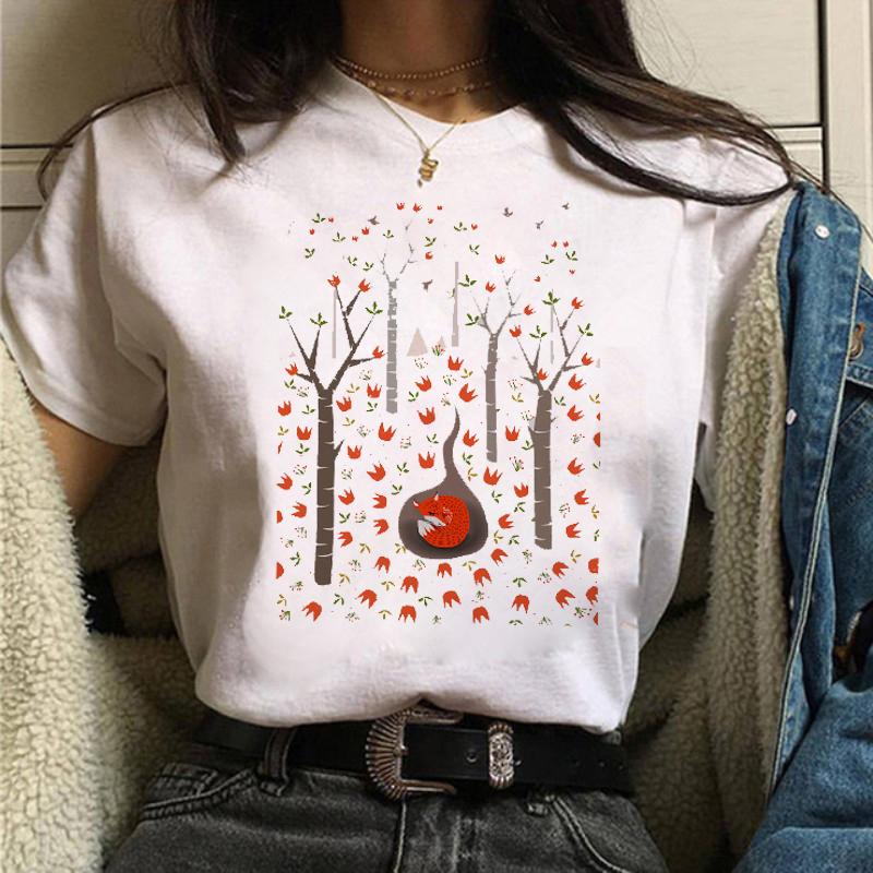 Maycaur Women Graphic Forest Mountain T Shirts Casual 90s Ulzzang Summer Printing Lady Clothes Tops Tees Print Female Tshirts