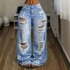 Womens High Waist Ripped Wide Leg Jeans Street Style Loose Long Denim Pants